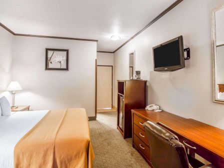 A hotel room with a bed, desk, TV on the wall, dresser, lamp, and a small hallway leading to the door, in neutral tones, end of sentence.