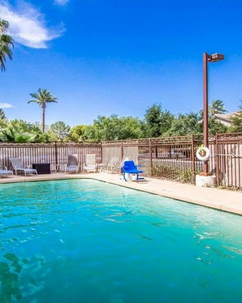 A sunny outdoor hotel pool area with blue water, lounge chairs, palm trees, and a fenced perimeter under a bright sky, inviting relaxation endive.